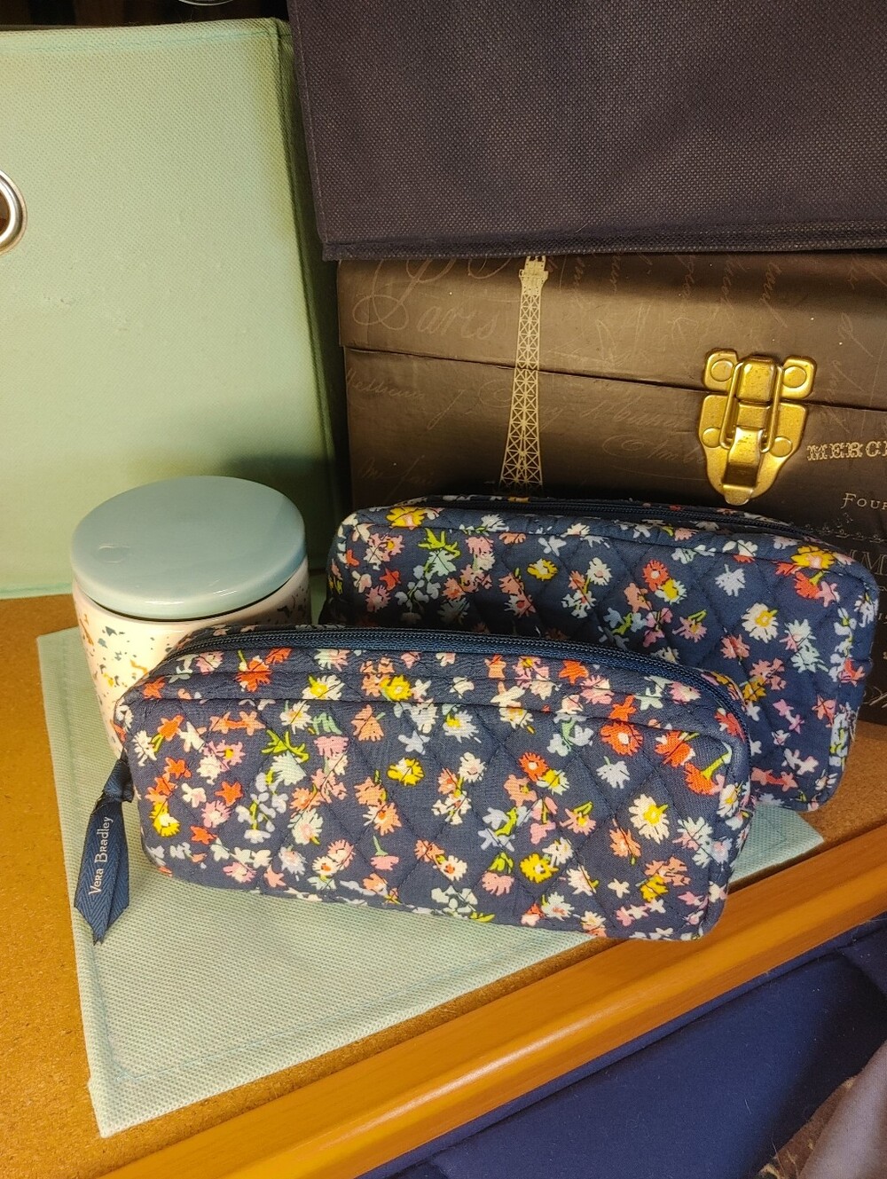 Vera Bradley Navy Floral Quilted Cosmetic Pouch Set- Blue and Multi